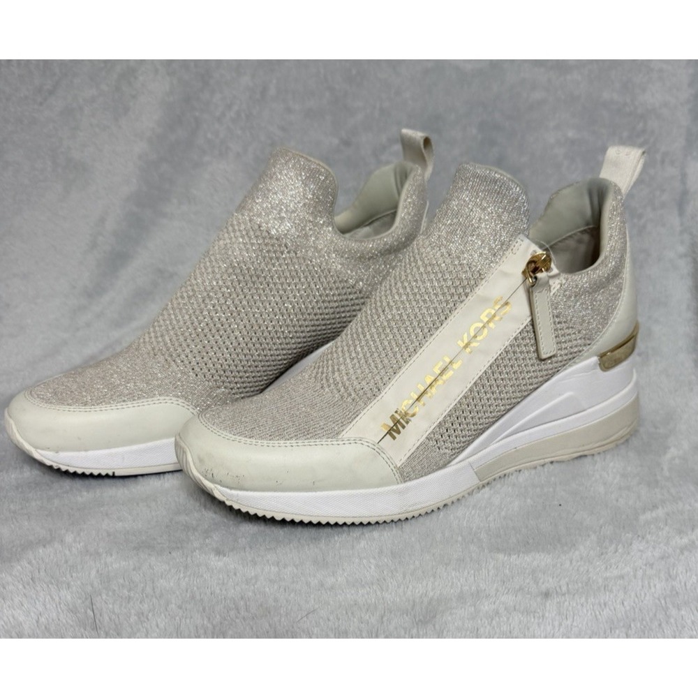 Michael Kors Willis Knit Trainer Wedge Sneakers Sz 9 White Metallic Sneakers